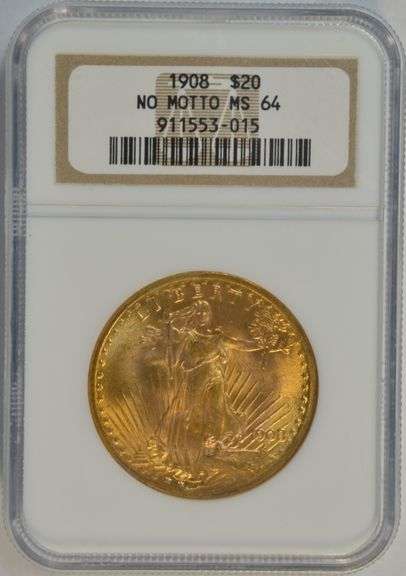 Essentially Gem BU 1908 No Motto St. Gaudens $20 Gold. NGC MS64