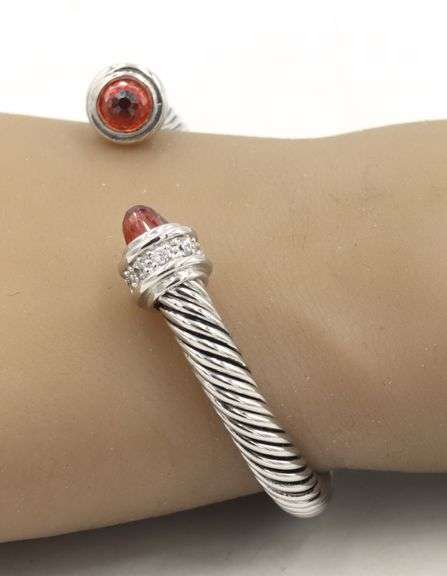 925 Sterling silver Cabel classic cuff bangle with with and red CZ
