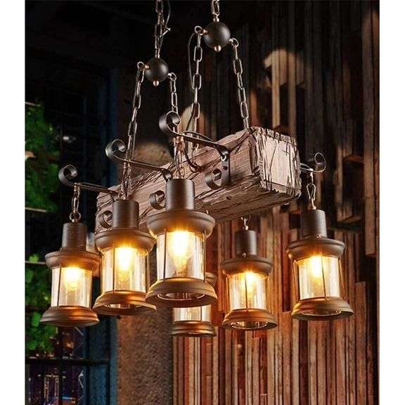 Farmhouse Industrial Rustic Wood Beam Chandelier