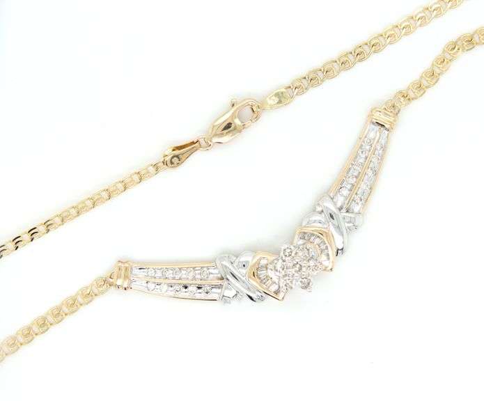 14kt two tone gold 0.85ctw RBC and baguette chevron necklace