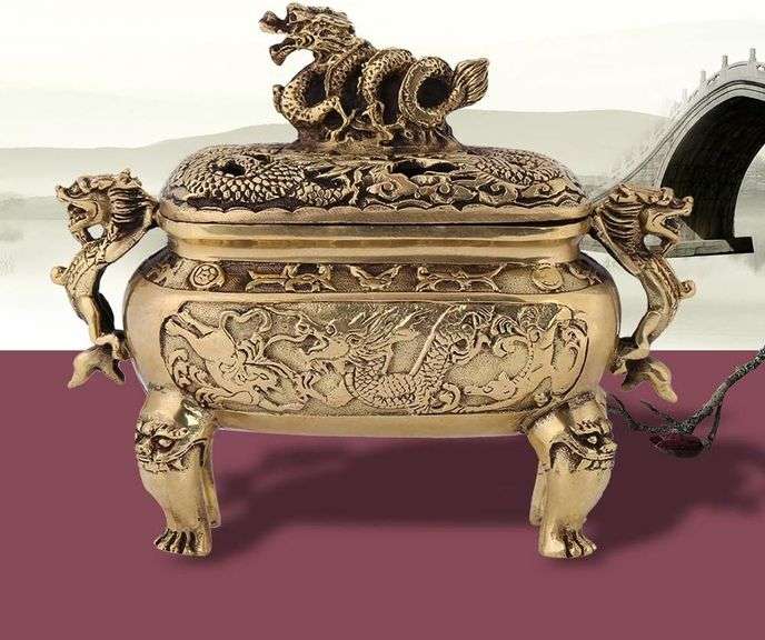 Bronze Copper Chinese Dragon Incense Burner with Lid