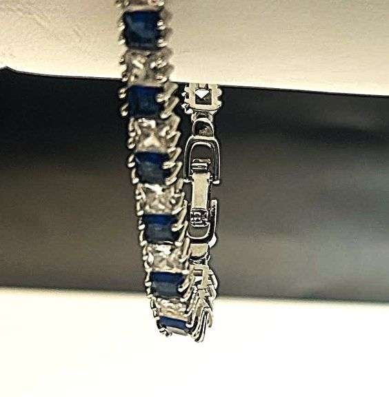 18 Kt White Gold Plated Huge 11 Ctw Lab Simulated Diamond and Blue Sapphire Tennis Bracelet