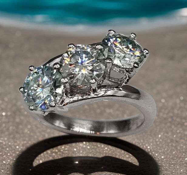 Dazzling 3 Stone 3.67 Ct Vvs1 Rare White Ice Blue Fire Moissanite Ring