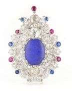 Vintage 4.00ctw Mixed Cut Diamond Lapis Sapphire and Ruby Pendant Brooch in Platinum