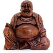 Hand-Carved Wooden Laughing Buddha Statue