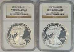 2 Perfect 2012-W NGC PF70 ULTRA CAMEO $1 Silver Eagles