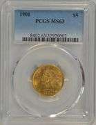 Blazing Choice BU 1901 US $5 Liberty Gold Piece. PCGS MS63