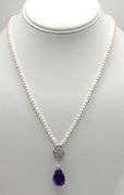 Antique Pearl necklace, 18k white gold 10.50 CT Amethyst and 0.40 ctw diamonds