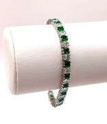 18 Kt White Gold Plated Huge 11 Ctw Lab Simulated Diamond and Green Emerald Tennis Bracelet