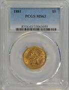 Very Choice BU 1881 US $5 Liberty Gold Piece. PCGS MS63