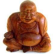 Hand-Carved Wooden Laughing Buddha Statue