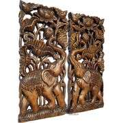 Set of 2 Hand-Carved Elephant Teak Wood Wall Panels