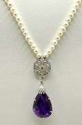 Antique Pearl necklace, 18k white gold 10.50 CT Amethyst and 0.40 ctw diamonds