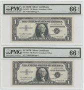 2 Superb Gem CU 1957B $1 Silver Certificate STARS PMG-66 EPQ