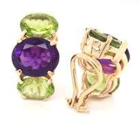 14kt Yellow gold 9.5ctw oval amethyst and 10ctw peridot earrings
