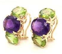 14kt Yellow gold 9.5ctw oval amethyst and 10ctw peridot earrings