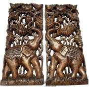 Set of 2 Hand-Carved Elephant Teak Wood Wall Panels