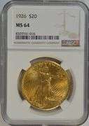 Near Gem BU better date 1926 St. Gaudens $20 Gold. NGC MS64
