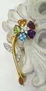 Colorful 18K Yellow Gold Gemstone Flower Brooch