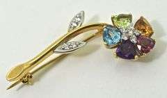Colorful 18K Yellow Gold Gemstone Flower Brooch