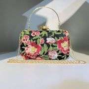 Embroidered Beaded Clutch Evening Bag with Chain