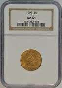 Very Choice BU 1907 US $5 Liberty Gold Piece. NGC MS63