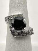 14 Kt White Gold Plated 6.25 Ct Silky Black Moissanite 30 Count Natural Diamonds Bridal Set Ring