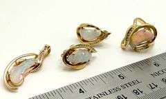Exquisite 14k Gold Diamond and Fine Opal Set: Ring, Pendant, Earrings