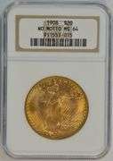 Essentially Gem BU 1908 No Motto St. Gaudens $20 Gold. NGC MS64