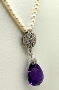 Antique Pearl necklace, 18k white gold 10.50 CT Amethyst and 0.40 ctw diamonds
