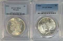 Nearly Gem BU 1921 Morgan & 1923 Peace Silver Dollar. PCGS MS64