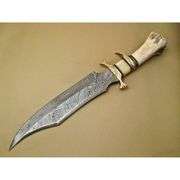 15-Inch Damascus Steel Hunting Knife with Camel Bone Handle