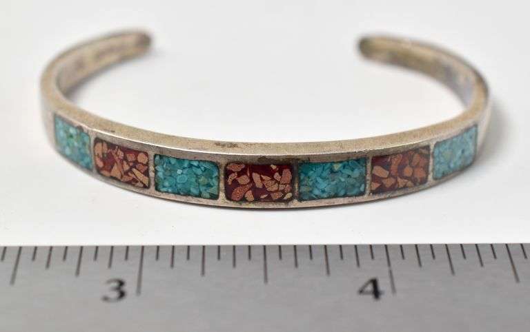Turquoise and Coral Gemstone Cuff Bracelet in Sterling Silver