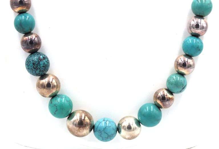 Turquoise and silver beaded necklace