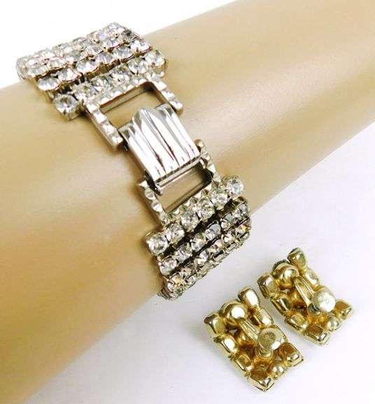 Vintage Wide Rhinestone Bracelet & Earrings