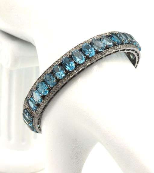 Amazing 34.09CTW Oval Shaped Emerald-Cut Blue Topaz & 2.22CTW Diamond Bangle Bracelet in 14K Whi