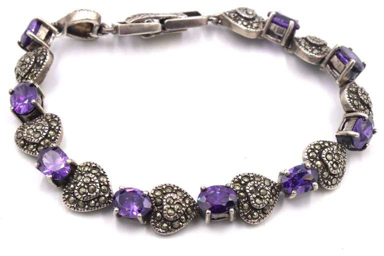 925 Sterling silver marcasite and amethyst link bracelet
