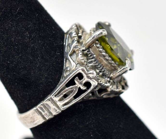 Green Gemstone and Marcasite Gemstone Ring in Sterling Silver