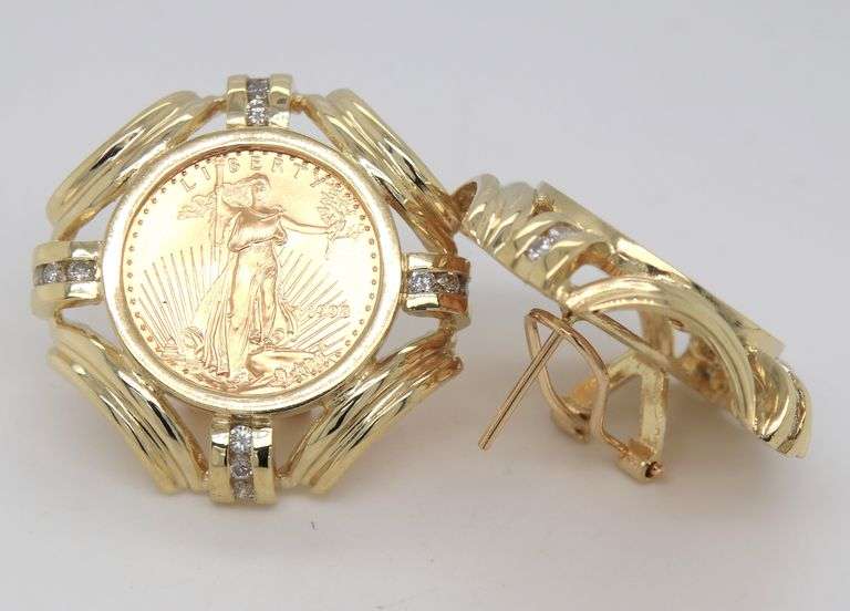 14kt Yellow gold 1/10oz gold coin and diamond earrings