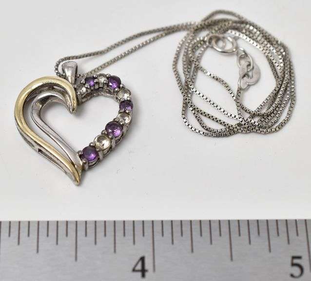 Purple and White CZ Gemstone Heart Pendant Necklace in Sterling Silver with 10K Yellow Gold