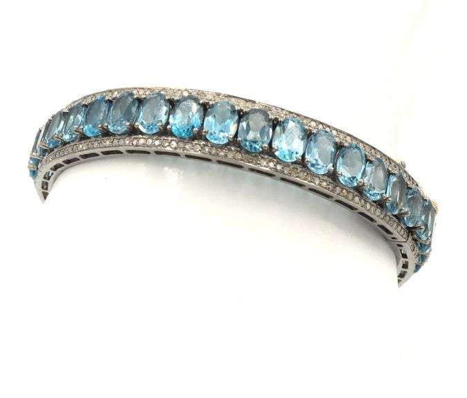 Amazing 34.09CTW Oval Shaped Emerald-Cut Blue Topaz & 2.22CTW Diamond Bangle Bracelet in 14K White G