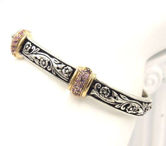 925 Sterling silver two tone cuff bangle with pave pink sapphire