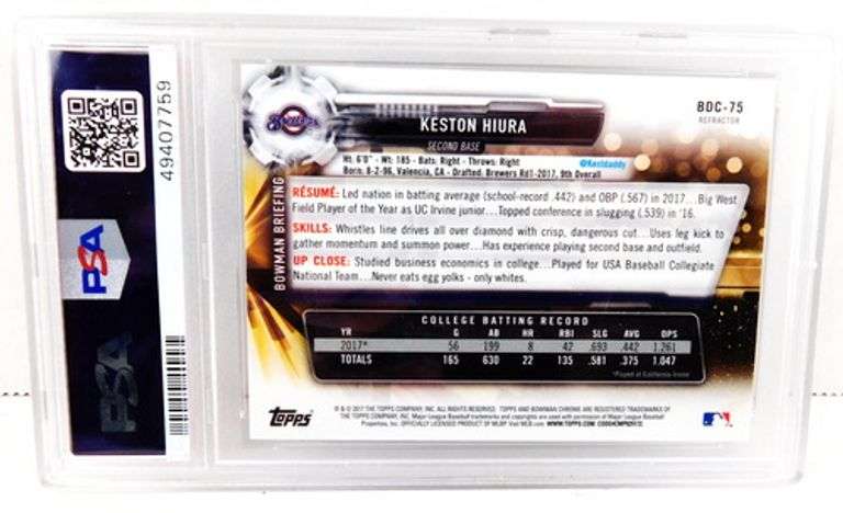 Keston Hiura 2017 Bowman Draft Baseball Card, Mint 9