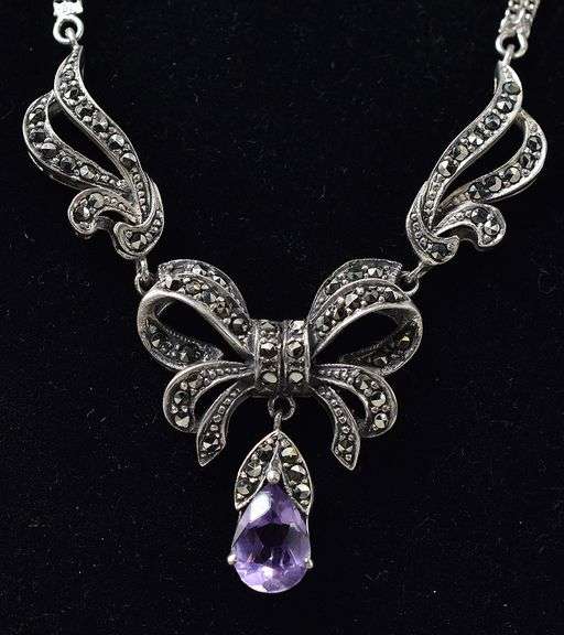 Amethyst and Marcasite Gemstone Pendant Necklace in Sterling Silver