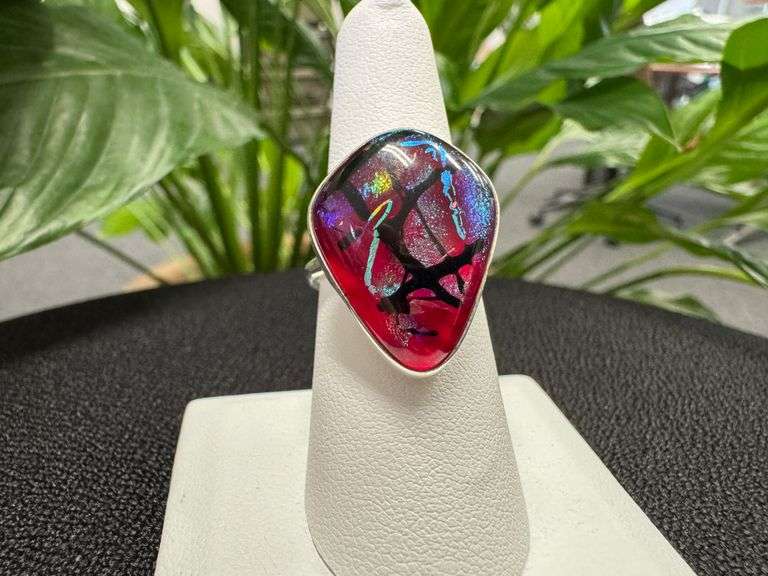 925 Sterling Silver One of a Kind Dichroic Glass Cocktail Ring Size 7