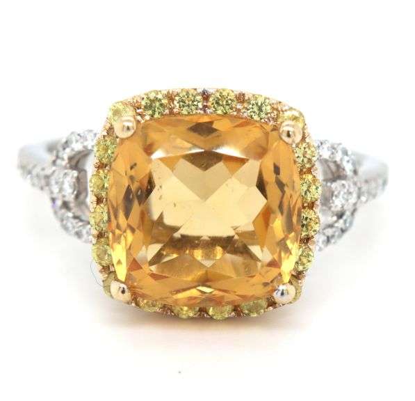 14kt White gold cushion citrine and yellow topaz halo and diamond ring