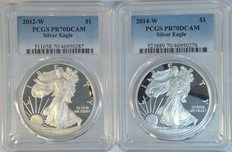 Perfect 2012-W & 2014-W $1 Silver Eagles. PCGS PR70DCAM