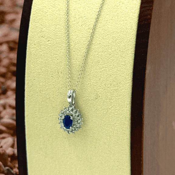 Divine White Gold oval Blue Sapphire and Diamond accent Pendant on Chain Necklace