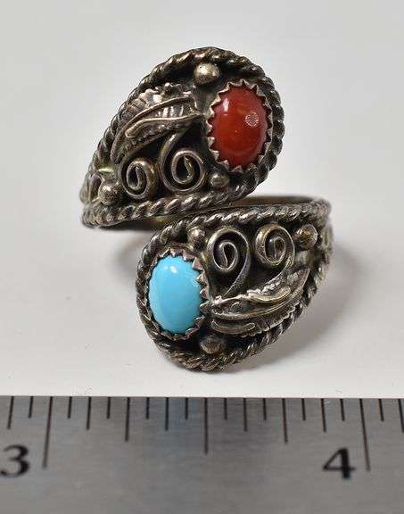 Turquoise and Coral Gemstone Ring in Sterling Silver