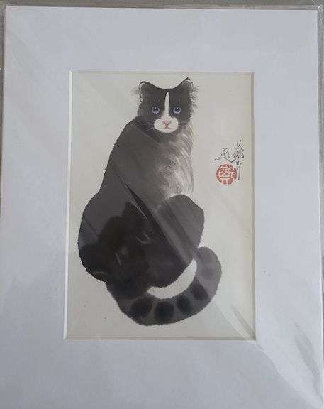 Collection of 2 original painting by Ping Zheng hand signed. Cats